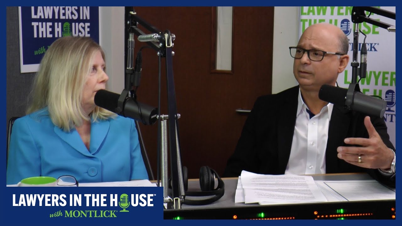 Two lawyers discussing legal issues on a podcast titled "Lawyers in the House" to educate the public.