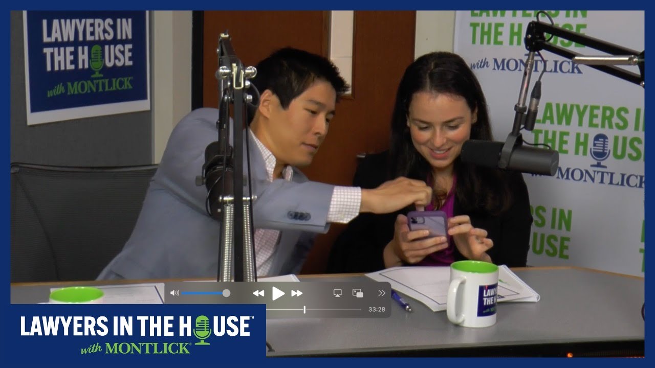 Lawyers in the House podcast hosts discuss legal topics in studio. Injury attorney website image.