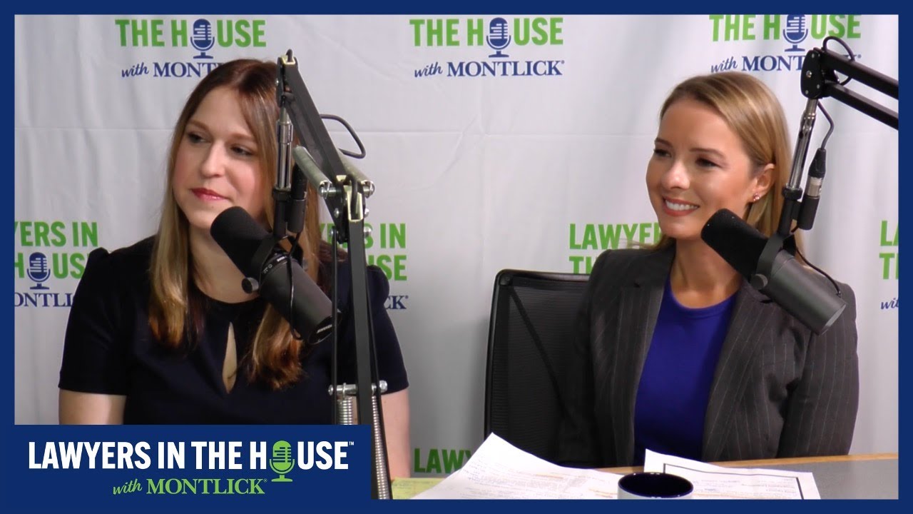 Two young women podcasting on "Lawyers in the House" law show, discussing legal issues with microphones.
