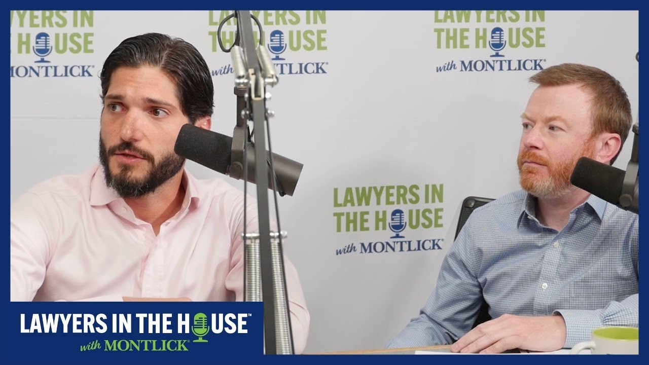 SEO Alt Text: Two lawyers discuss the law in a podcast studio for "Lawyers in the House with Montlick"