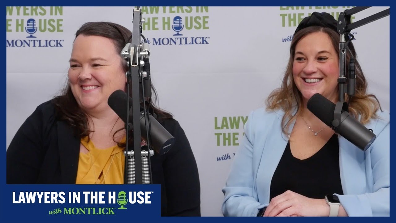 Alt text: Two smiling female lawyers discussing "Lawyers in the House" podcast with Montlick law firm