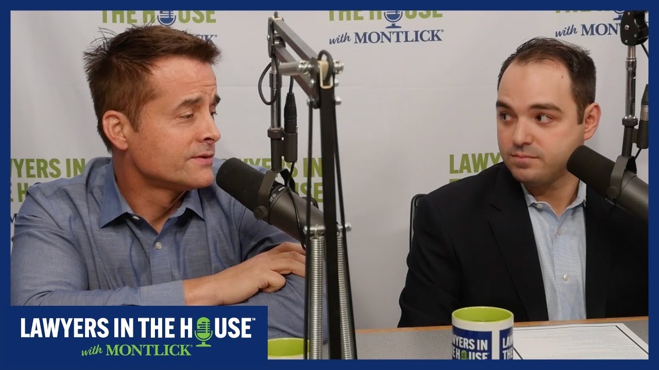 Two lawyers discussing a legal case during a podcast recording session titled "Lawyers in the House".