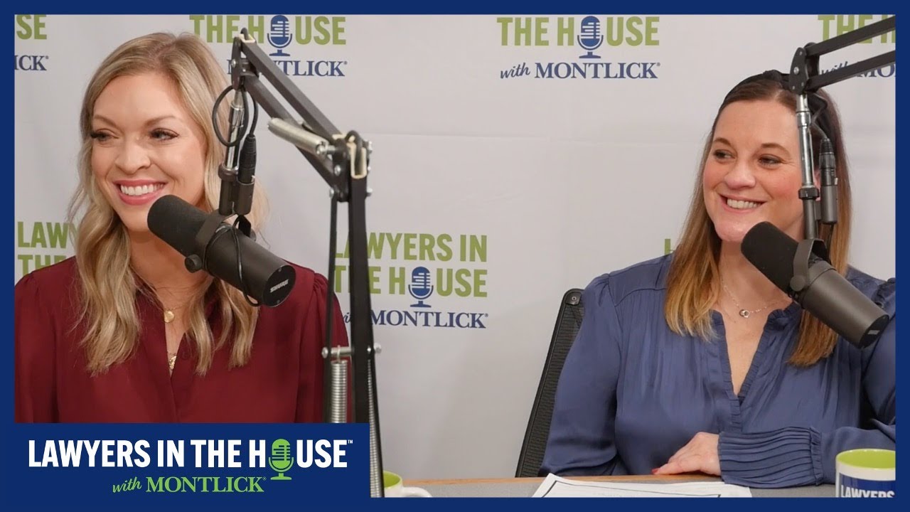 Alt text: Two smiling female lawyers recording a podcast titled "Lawyers in the House with Montlick". (91 characters, SEO-friendly by including relevant keywords about lawyers and the podcast name)