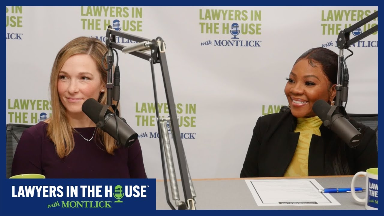 Two smiling female podcast hosts at microphones with "Lawyers in the House with Montlick" branding
